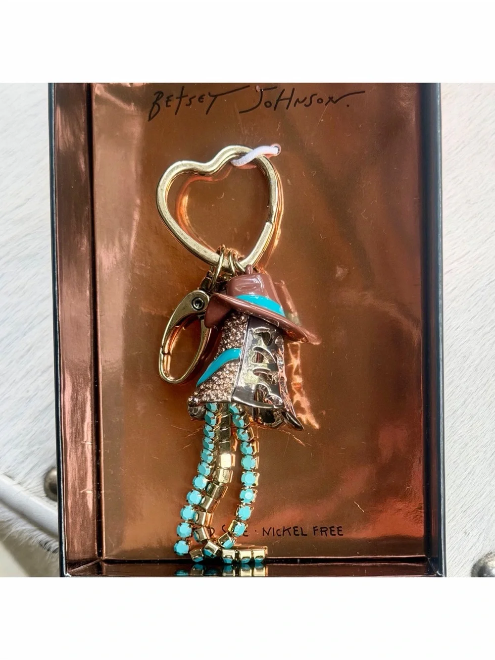 Betsey Johnson Ghost Cowboy Bag Charm Keychain Gold Crystal Turquoise Fringe NIB